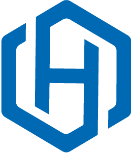 Hermanokoncernens logotyp, en blå hexagon med bokstaven H